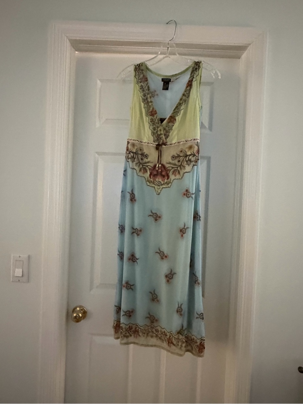 Embroidered V-Neck Maxi Dress in Light Blue and Lime